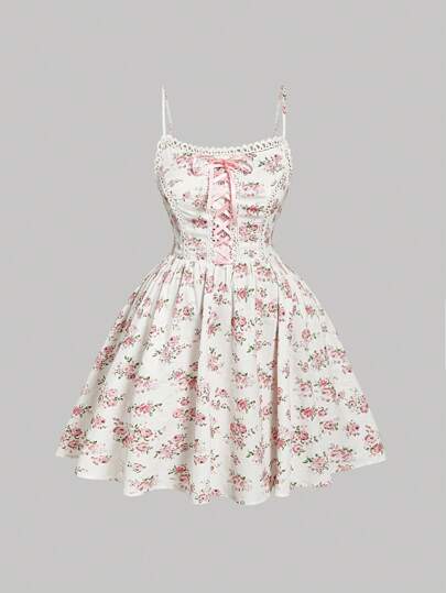SHEIN MOD 女式花卉印花荷叶边大码吊带背心迷你连衣裙