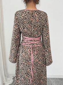 Al Najma 女式梭织印花后系带长袖宽松休闲阿拉伯风格连衣裙，端庄