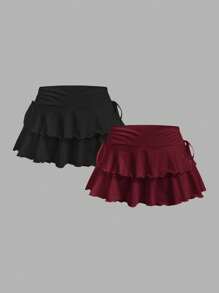 SHEIN MOD 2 件套女士休闲简约褶皱腰 A 字裙、演唱会女士、巡游女士、俱乐部女士性感、泡泡裙 - 彩色 - 查看 2