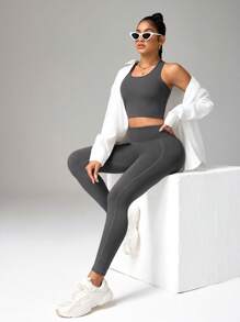Easithlete Women Solid Color Criss-Cross Sports Set Camisole And Leggings Workout Women Sets - Dark Grey - View 3