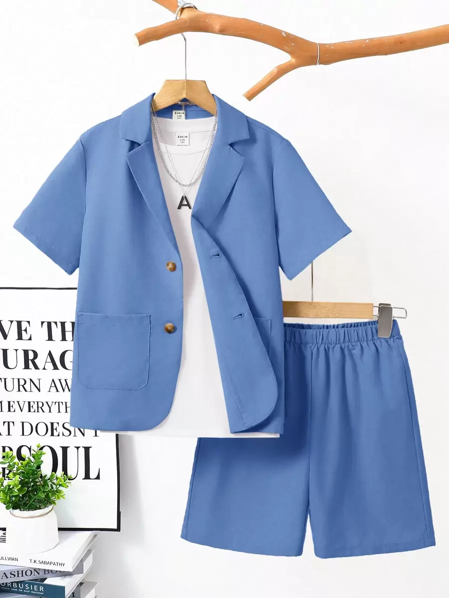 SHEIN Leap Crew 3 Pieces Tween Boy School Casual Short Sleeve Blazer Jacket & Shorts Set, T-Shirt Top, Buy 2 Get 1 Free, Suitable For Commuting, School, Daily Casual Occasions, Suitable For Spring & Summer - Blue - View 1