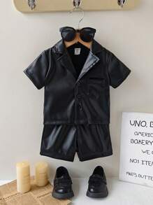 2pcs/Set Baby Boy Leather Jacket & Shorts Set, Combines The Cool Look Of Leather With The Comfort Of Short Sleeve Top And Soft Leather Shorts, Suitable For Warm Seasons Or Themed Parties, Easy To Clean