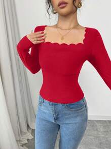 Gloray Blusa de manga larga y cuello ajustado con elegante ondulación francesa de color negro para mujer - Rojo - Ver 6