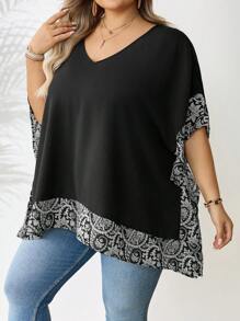 SHEIN CURVE+ 大码女式简约方形围巾 V 领宽松衬衫，夏季