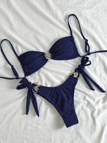 Swim Mod Beach Summer Outfits Women Solid Shoulder Strap Metal Starfish Decor Side Tie Bikini Sets, Sexy Swimsuits - Blue - View 1