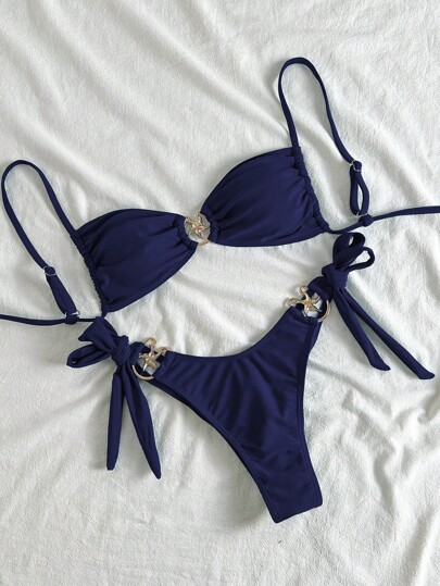 Swim Mod Conjuntos de bikini para mujer con tirantes, decoración de estrella de mar metálica y lazo lateral, trajes de baño sexy de verano para la playa