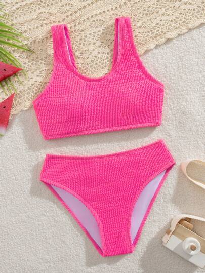 Tween Girls Summer Beach Vacation Hot Pink Bikini Set Summer Holiday
