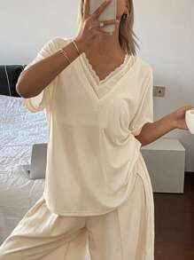DAZY Women's V-Neck Lace Patchwork Loose Sleepwear Top
