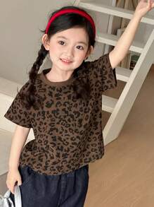 Dazy Kids 年轻女孩女孩加大码豹纹圆领短袖 T 恤，夏季 - 棕色 - 查看 5