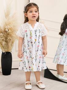 SHEIN Baby Girl Summer Cute Floral Embroidery Short Sleeve Dress - Pink - View 5