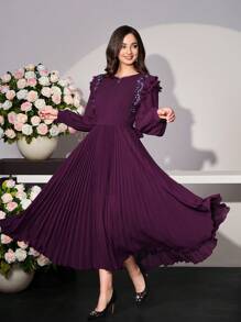 Modelyn 女士优雅枣红色蕾丝边褶饰荷叶边下摆长袖百褶连衣裙 - 紫色 - 查看 1