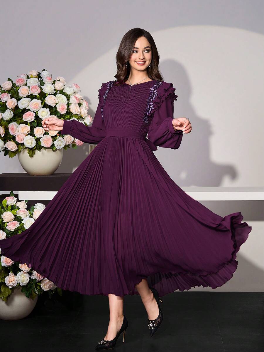 Modelyn 女士优雅枣红色蕾丝边褶饰荷叶边下摆长袖百褶连衣裙 - 紫色 - 查看 1