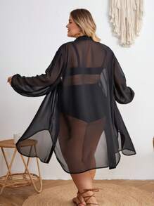 SHEIN CURVE+ Kimono de mujer de talla grande con botones en la parte delantera, malla transparente, tela fresca y resistente a las arrugas, para otoño/invierno - Negro - Ver 2