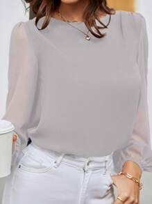 EMERY ROSE Women Solid Long Sleeve Round Neck Simple Fashionable Shirt, Suitable For Summer Fall Cloth For Women - Light Grey - View 3