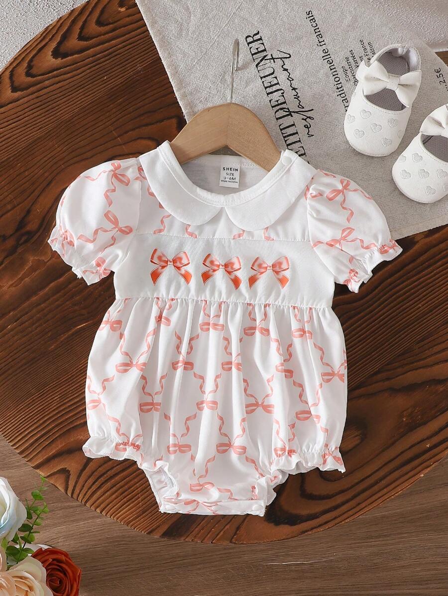 女婴休闲褶皱泡泡袖粉色蝴蝶装饰衬衫，夏季日常和外出必备 - 橘色 - 查看 1