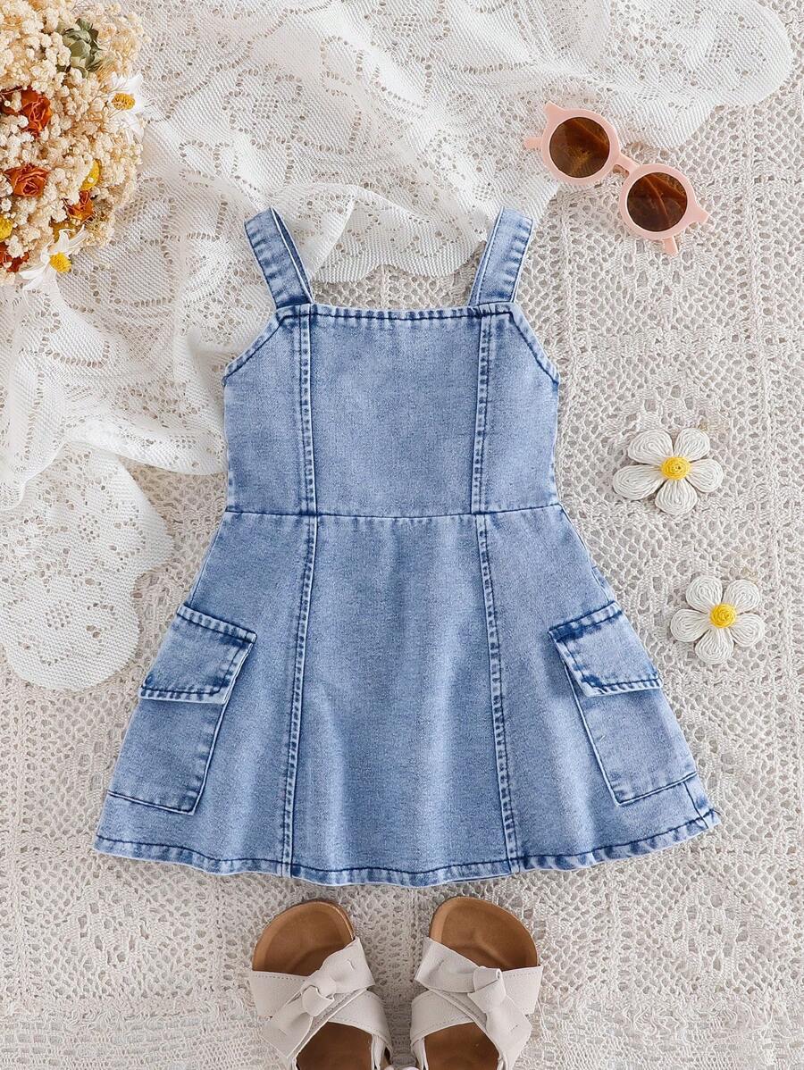 SHEIN Toddler Girls Casual Minimalist Streetwear Blue Denim Spaghetti Strap Overalls Dress, Summer - Blue - View 1