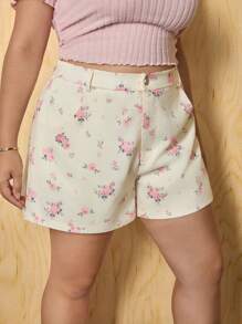 SHEIN MOD Pantalones cortos con estampado floral rosa, de talle medio, versátiles, para tallas grandes