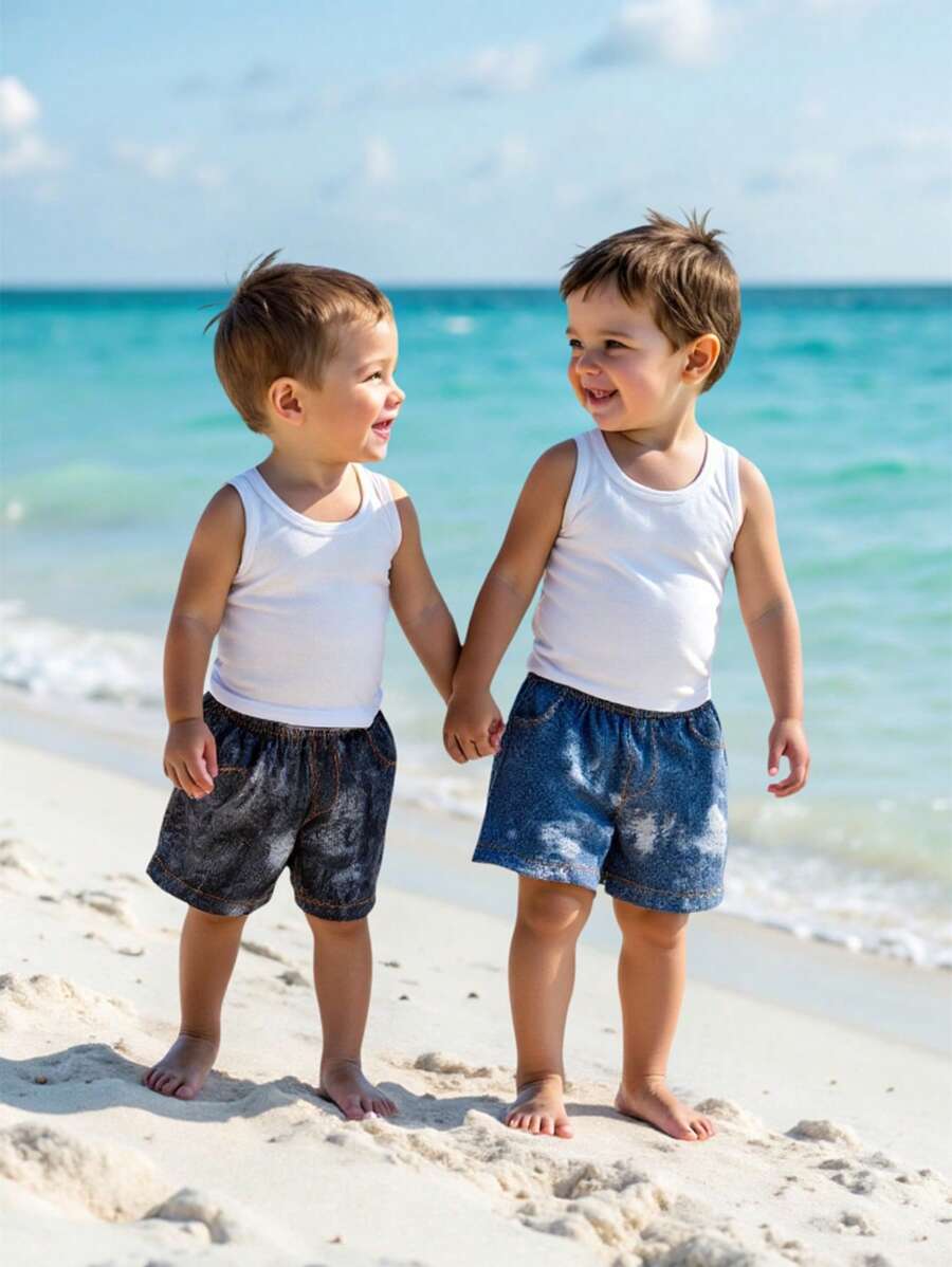 2pcs/Set Toddler Baby Boys Casual Cool Y2K Tie Dye Denim Effect Print Pocket Shorts, Suitable For Outdoor, Home, Music Festival, Summer - Multicolor - View 1
