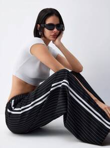 LYSMO Black Pinstripe Side Stripe Detail Drawstring Low Waist Pants