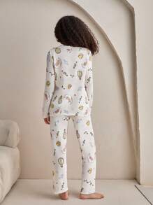 RueChic Cotton Women 2 Pcs Contrast Colour Button Front Detail Cute Printed Pattern Homewear PJ Set - White - View 2