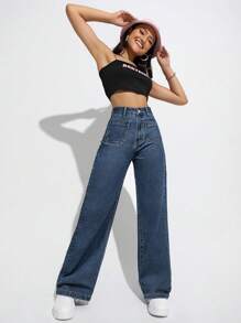 SHEIN PETITE Casual Washed High Waist Straight Leg Jeans - Dark Wash - View 4