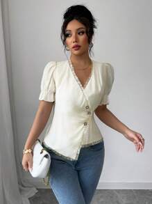 SHEIN Unity Blusa de mujer con cuello en V en color albaricoque, con volantes en el bajo y mangas cortas con bajo asimétrico - Albaricoque - Ver 4