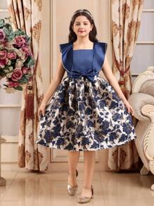 Vestido de niña preadolescente con detalles de lazo, diseño de jacquard floral y patchwork de satén