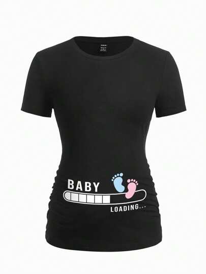 SHEIN Letter & Footprint Print Short Sleeve Fitted Maternity T-Shirt, Cotton Blend