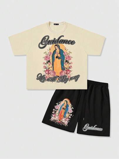 Goth Men's Religious Oversized Loose Fit Short Graphic Print T-Shirt Set, Street Vintage Style