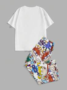 Nick 90s X SHEIN Plus Size Casual Cartoon Graphic Short Sleeve Top And Pants Pajama Set, Summer