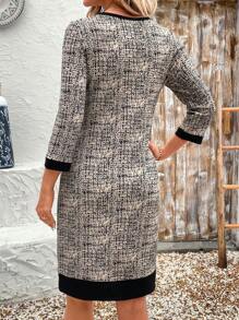 EMERY ROSE 女士优雅格子圆领 3/4 袖纽扣设计短裙，秋季