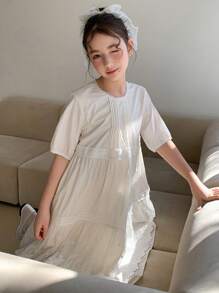 DAZY Tween Girl Princess Style Lace Patchwork Short Sleeve Mid-Length A-Line Dress,Girls Summer Outfits,Back To School Clothes