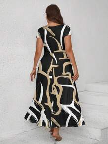 SHEIN Clasi Casual Asymmetrical Stripe Pattern Crew Neck Short Sleeve Plus Size Dress, Suitable For Spring & Summer Suitable For Going Out Chic Dress - Black - View 2