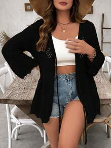 LanaWest CURVE 大码女式纯色钩针系带长袖长款罩衫，性感海滩度假轻便夏季泳装罩衫，防晒