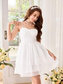 Pitira Pitira Vestido de princesa de fiesta con tirantes de tul multicapa elegante y adorable para adolescentes, apropiado para bodas y fiestas - Blanco - Ver 6