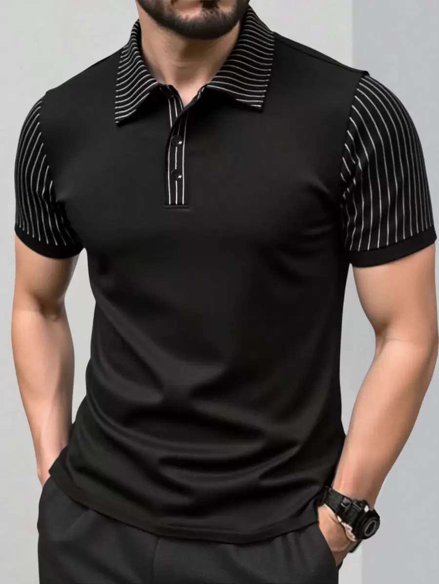 Manfinity Homme Men's Casual Striped Patchwork Short Sleeve Polo Shirt, Formal - Black - View 1