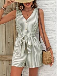 SHEIN LUNE 女式条纹 V 领单排扣口袋无袖休闲连身裤 - 軍綠色 - 查看 5