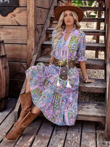 LanaWest 女式波西米亚风印花中袖连衣裙，女式波西米亚风流苏，荷叶边下摆半袖系带领宽松长款多色荷叶边袖全身印花，佩斯利罩衫女式长裙，春季/秋季，休闲日常穿着长款女装