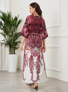 Lacomfia Women's Elegant Retro Printed Long Dress - Red - View 2