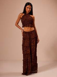 MUSERA Crop top de gasa con estampado de leopardo, con pliegues y suave, estilo bohemio, club, sexy, Ibiza, festival, verano, rave, vacaciones