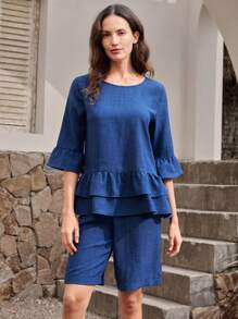 EMERY ROSE 2pcs Vacation Elegant Solid Color Off Shoulder Ruffle Trim Round Neck Blouse And Shorts Set For Women - Blue - View 5