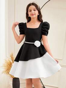 SHEIN Leap Crew Tween Girls Elegant Dress With Knitted Asymmetrical Ruffles, Color Block Splicing, Square Neck And Leg-Of-Mutton Sleeves With 3D Rosette Decoration, Fashionable French Elegant Black Dress, Retro And Elegant Dress, Back To School, Suitable For Graduation Proms And Birthday Parties