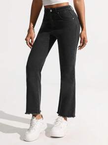 SHEIN EZwear 女式休闲修身喇叭牛仔裤 - 黑色 - 查看 6