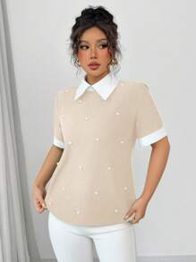 Elenzga 女式撞色珍珠铆钉彼得潘领短袖衬衫，春夏