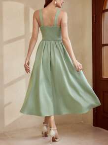 Vintamour Robe longue verte élégante et rétro pour femmes, robe ajustée évasée sans manches, printemps/été