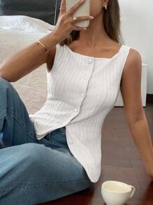SHEIN Frenchy 女士罗纹纯色紧身无袖针织背心 - 白色 - 查看 3