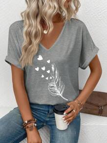INAWLY Women's V-Neck Short Sleeve Ruffle Cuff Feather Print Graphic Casual Versatile T-Shirt, Spring/Summer - Light Grey - View 4