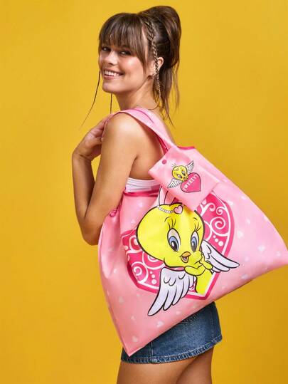 LOONEY TUNES X SHEIN Bolsa plegable de tela de poliéster con diseño de Piolín, el pájaro de dibujos animados, con una pequeña bolsa adjunta que se puede colgar en otras bolsas