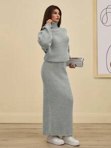 RueChic Lässiger Rollkragen Oversize Pullover mit Doppelärmel und Oversized Passform & Maxi Bodycon Pullover Rock 2-teiliges Set