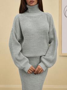 RueChic Lässiger Rollkragen Oversize Pullover mit Doppelärmel und Oversized Passform & Maxi Bodycon Pullover Rock 2-teiliges Set